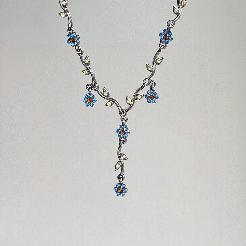 Wholesale Blue plum blossom glaze necklace French retro clavicle chain